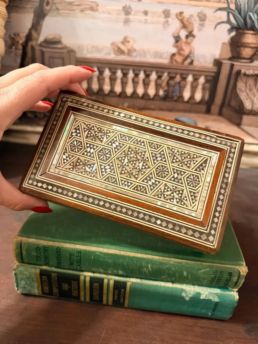 Vintage Handmade Mother of Pearl Inlay Wooden Keepsake Box